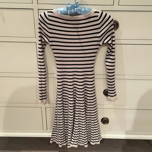 REBECCA TAYLOR white and black knit striped long sleeve knee length midi dress - Picture 5 of 8